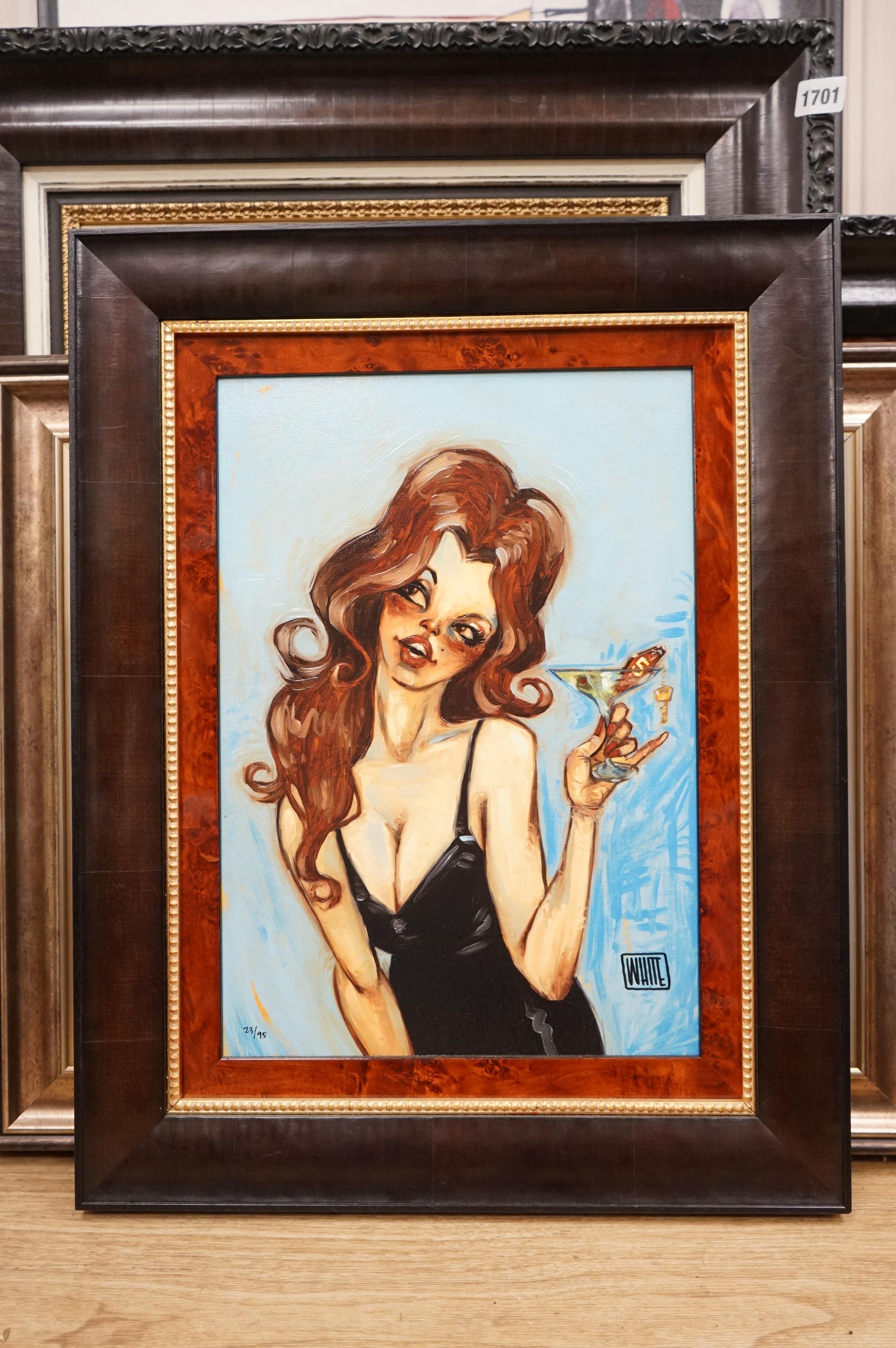 Todd White (b.1969), contemporary hand embellished canvas, 'Who bought me this', limited edition 23/95, 43 x 30cm